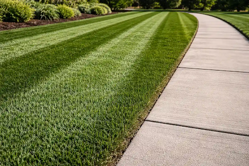 Striped lawn with crisp edging along a walkway.